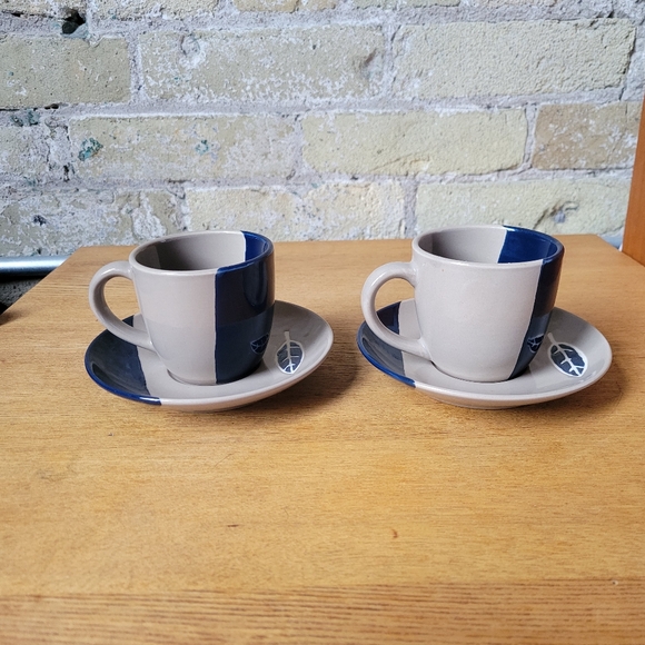Handmade Ceramic Leaf Expresso Mugs with Saucers Set of 2 - Picture 3 of 6